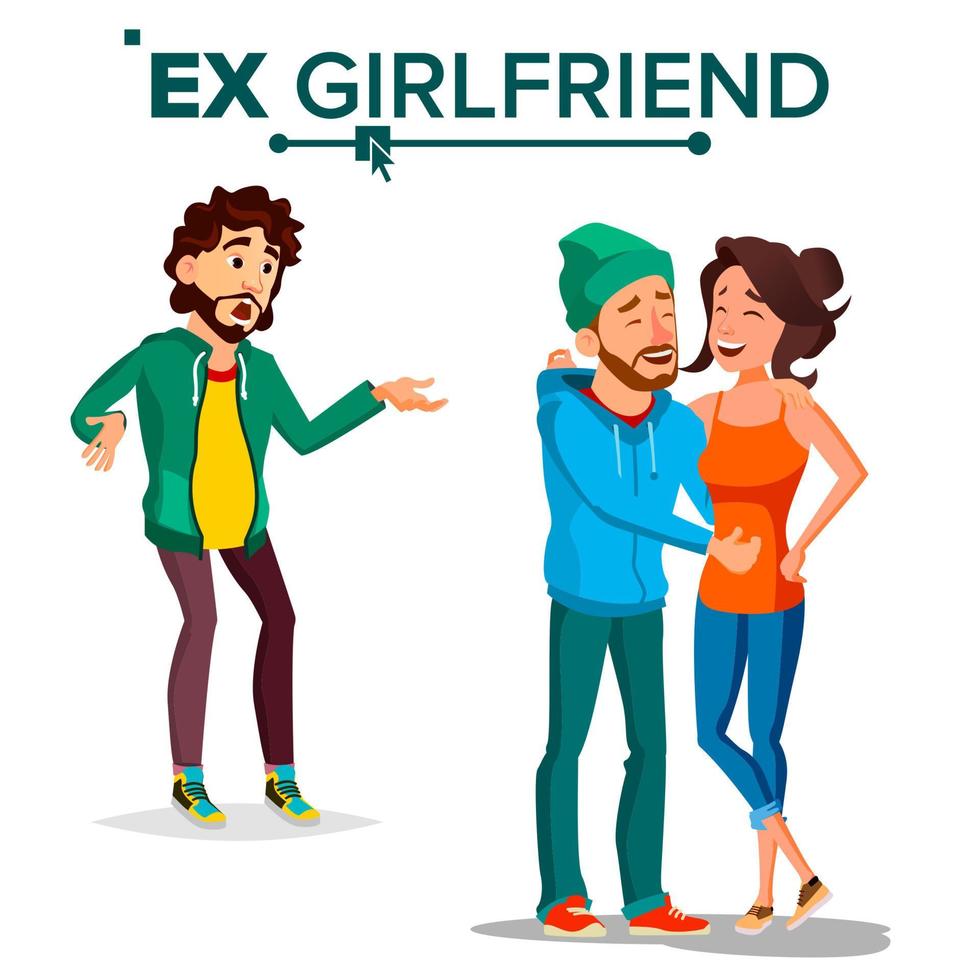 Ex Girlfriend Vector. Young Couple. Past Relationship Concept. Shocked Man. Breaking Up Divorce. Isolated Flat Cartoon Illustration vector