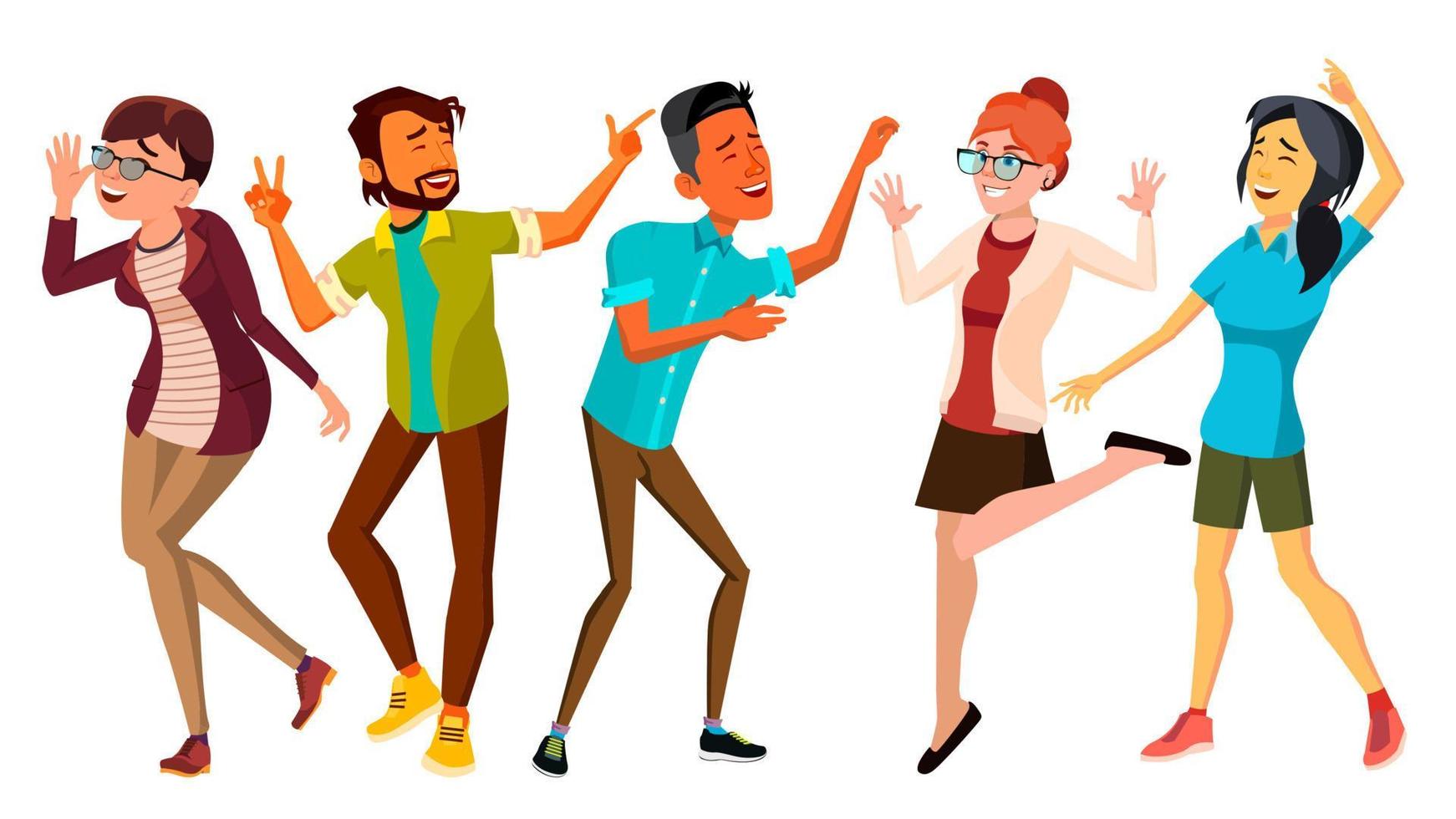 Dancing People Set Vector. Smiling And Have Fun. Free Movement Poses. Isolated Flat Cartoon Illustration vector