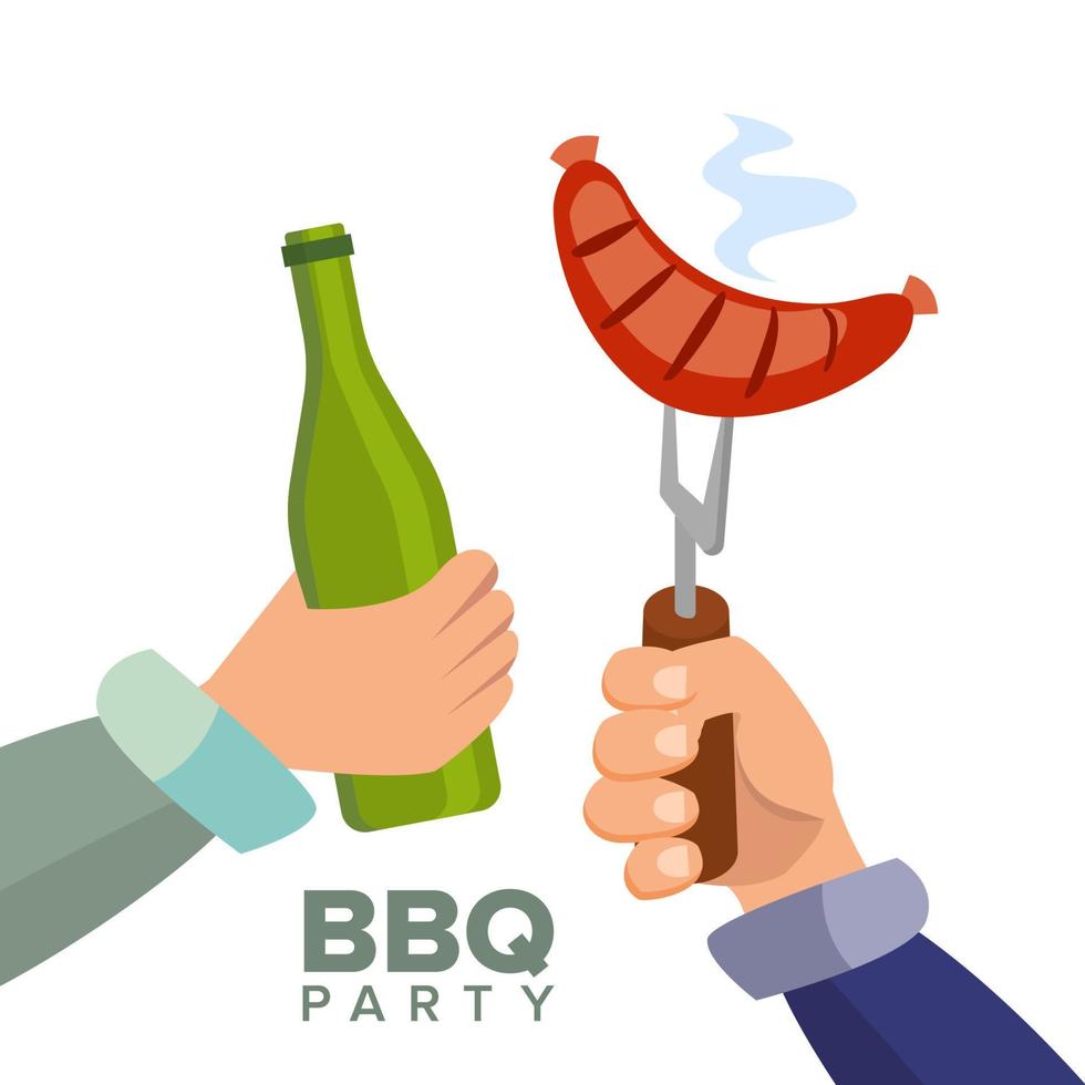 Barbecue Party Concept Vector. Cooked Hot Sausage. Hand Holding A Bottle Of Beer. Invitation Card. BBQ Grill Picnic. Isolated Flat Cartoon Illustration vector