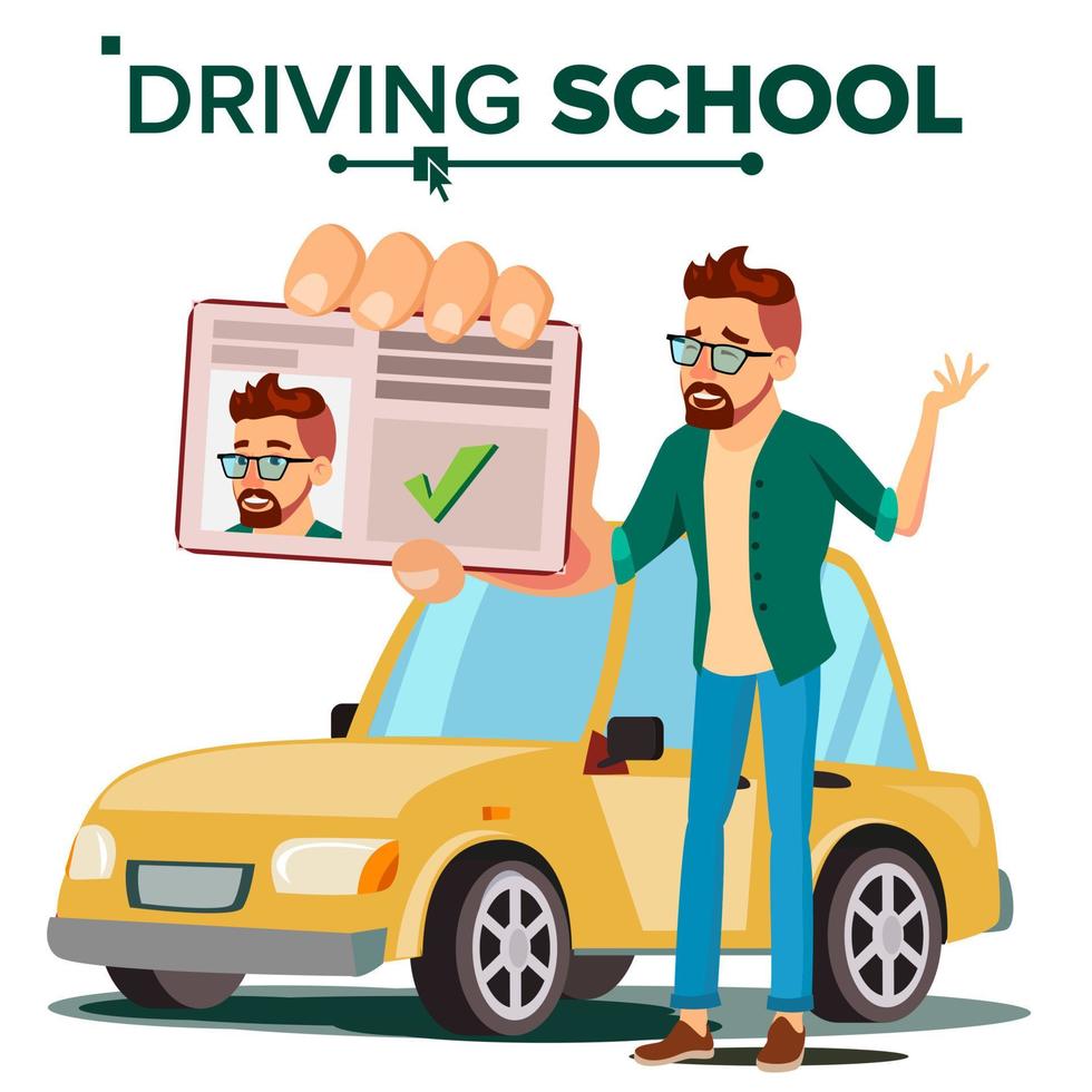 Man In Driving School Vector. Training Car. Successful Pass Exam. Learning To Drive. Driving License. Isolated Flat Illustration vector