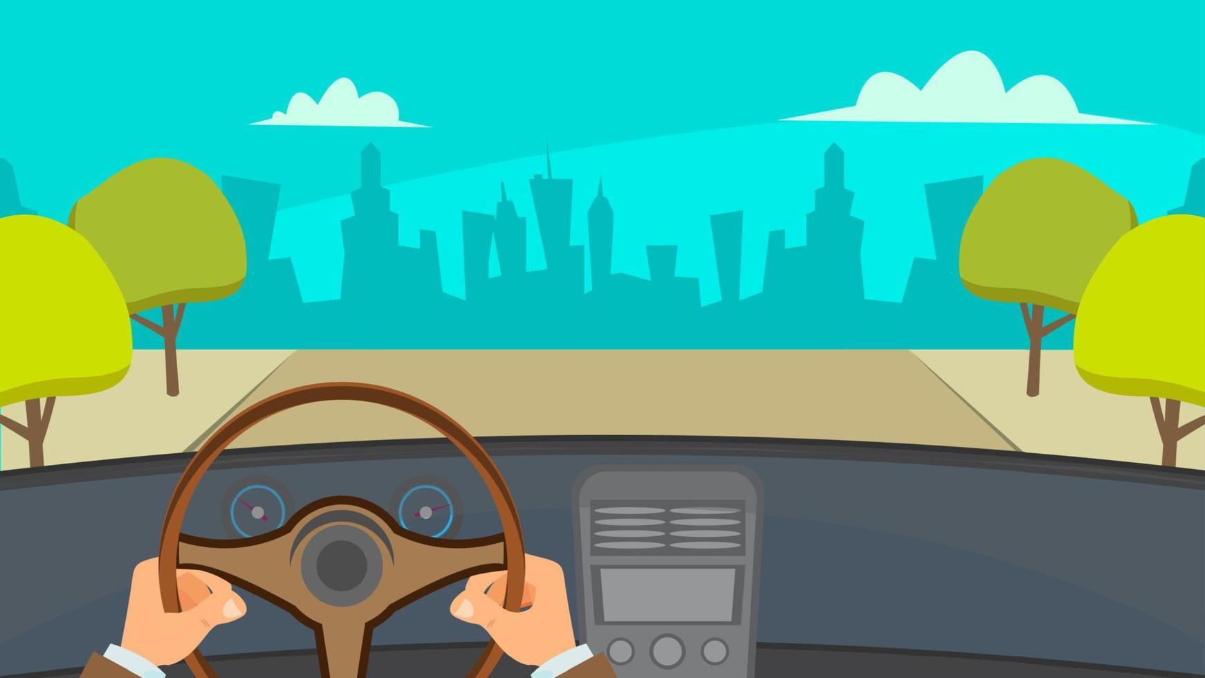 Hands Driving Car Vector. City Traffic Jam. Urban Background. Flat Illustration vector