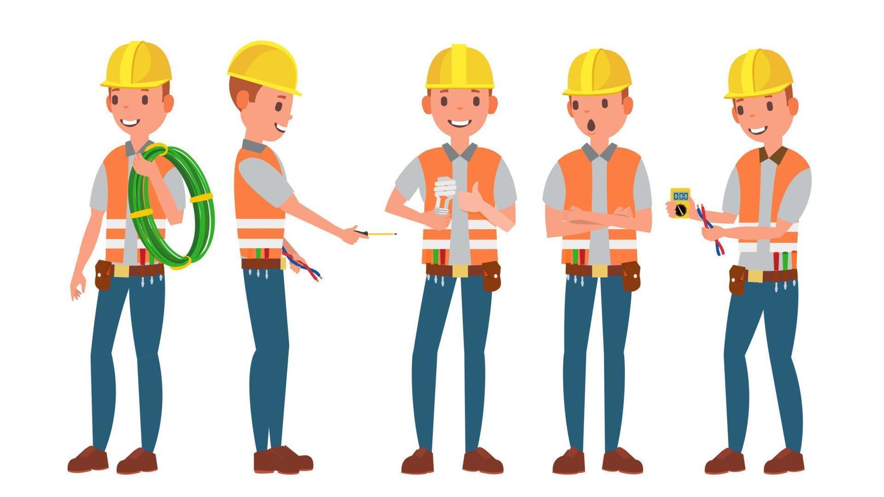 Professional Electrician Vector. Different Poses. Performing Electrical Work. Isolated On White Cartoon Character Illustration vector