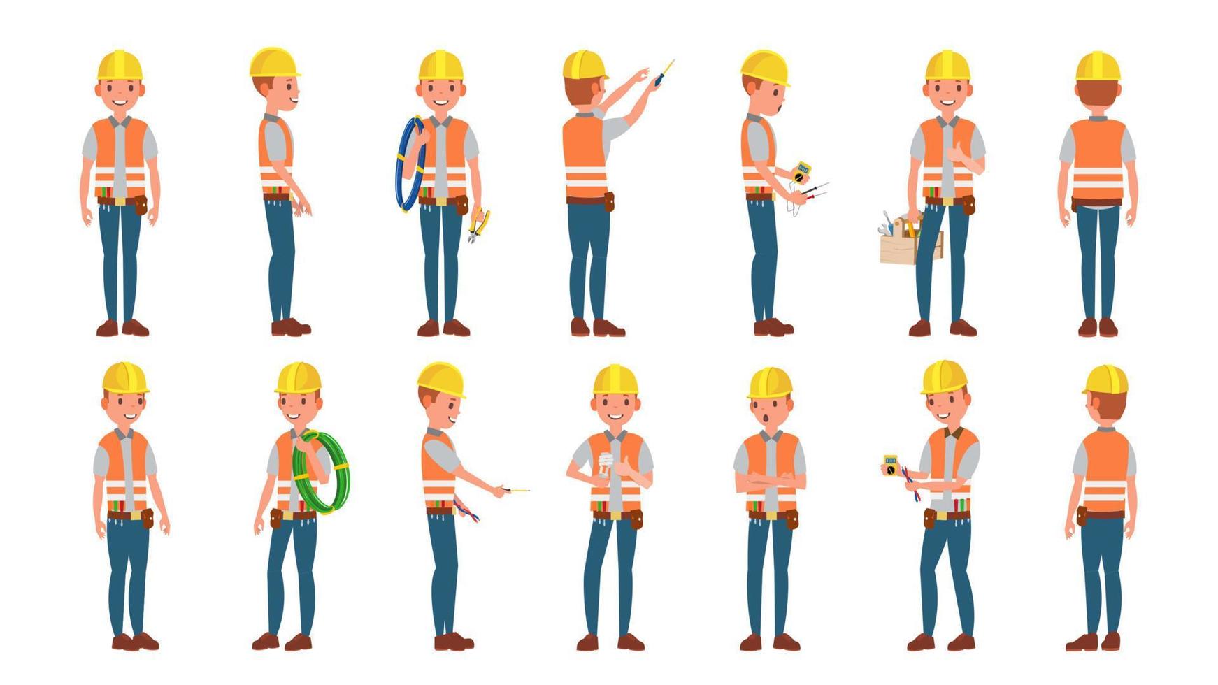 vector electricista clásico. poses diferentes hombre trabajador. ilustración de personaje de dibujos animados plano aislado