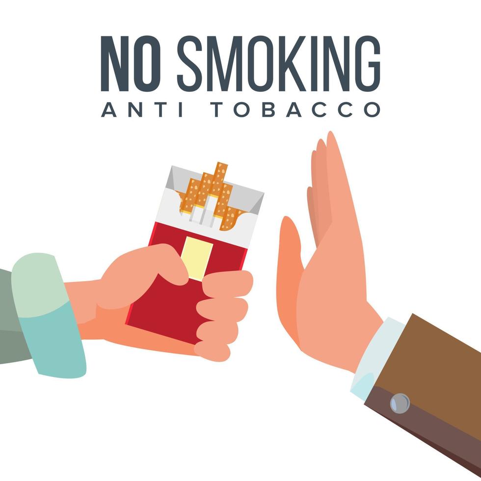 No Smoking Concept Vector. Anti Tobacco. Hand Offers To Smoke Holding A Pack Of Cigarettes. Gesture Rejection. Proposal Smoke. Isolated Flat Cartoon Illustration vector