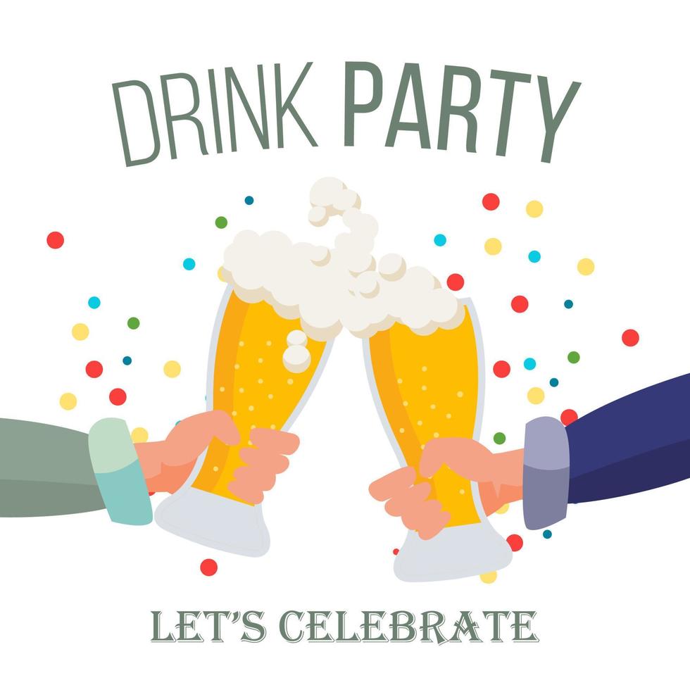 Drink Office Party Poster Vector. Hands Holding Beer Glasses. Clinking Glasses With Alcohol. Chin-Chin. Isolated Flat Illustration vector