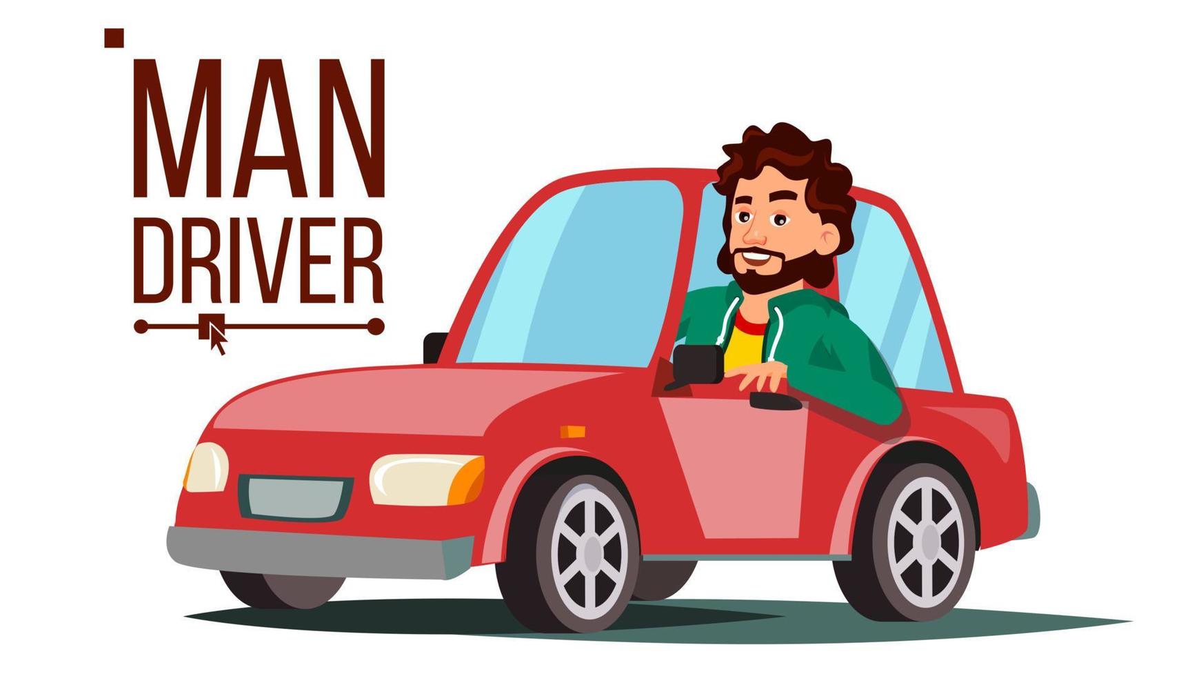 Man Driver Vector. Sitting In Modern Automobile. Buy A New Car. Driving School Concept. Happy Male Motorist. Isolated Flat Cartoon Character Illustration vector