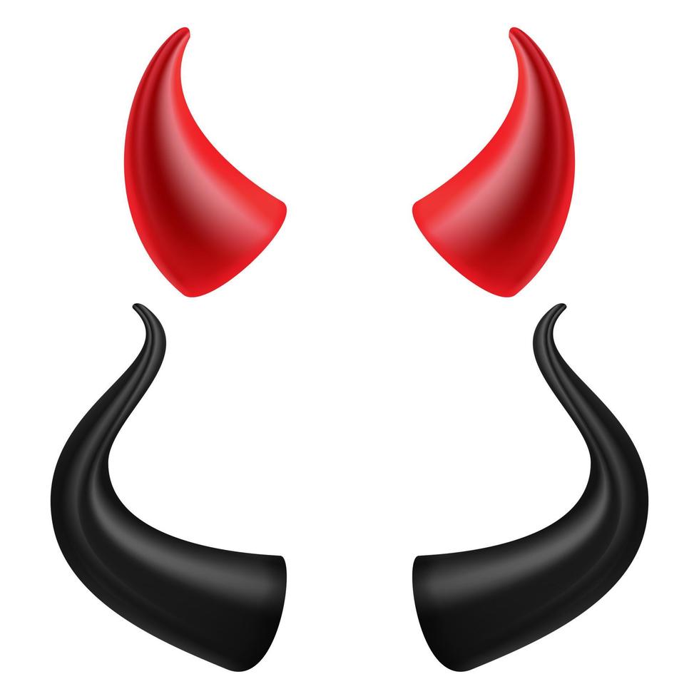 Devils Horns Vector. Realistic Red And Black Devil Horns Set. Isolated On White Illustration. vector