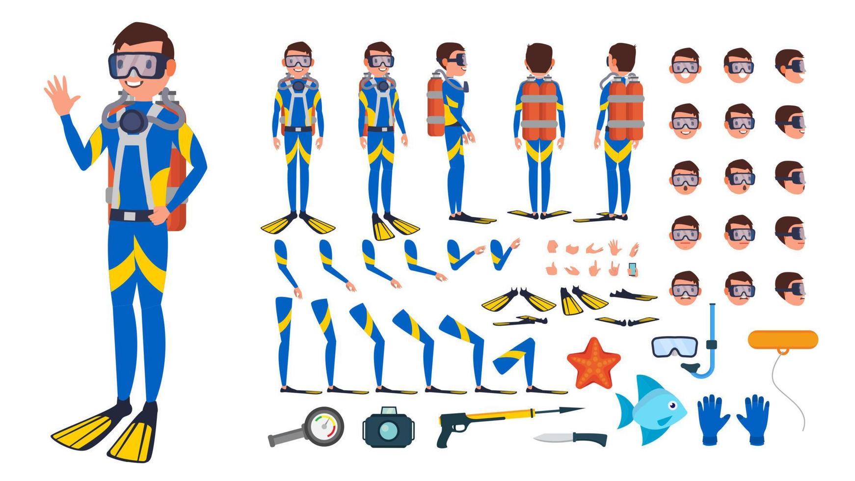 Diver Man Vector. Animated Character Creation Set. Under Water. Scuba Diver. Snorkeling Diving. Full Length, Front, Side, Back View, Poses, Face Emotions, Gestures. Isolated Flat Cartoon Illustration vector