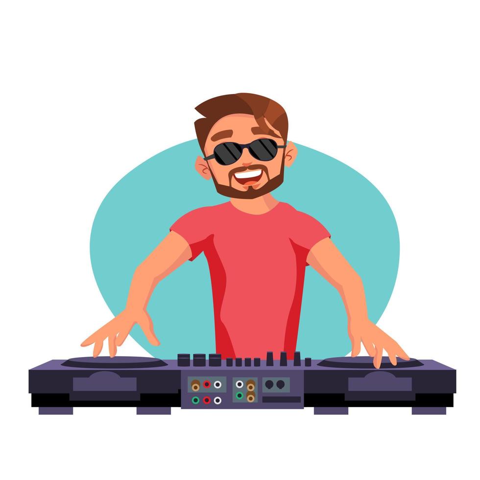 Classic Dj Vector. Playing Progressive Electro Music. Dj Playing, Mixing Music On Deck. Studio Concept. Cartoon Character Illustration vector