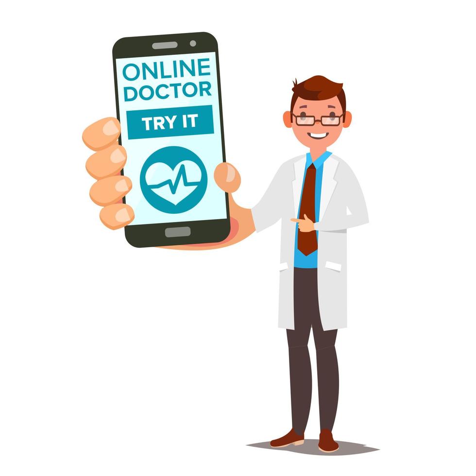 Online Doctor Mobile Service Vector. Man Holding Smartphone With Online Consultation On Screen. Medicine Support. Healthcare App. Isolated Flat Illustration vector