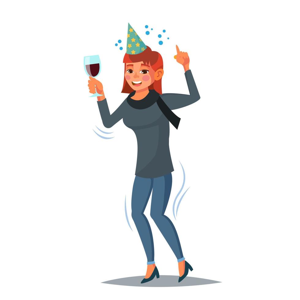 Drunk Office Female Worker Vector. Have Fun. Cheers Party Concept. Celebrating, Gesturing. Isolated On White Cartoon Character Illustration vector