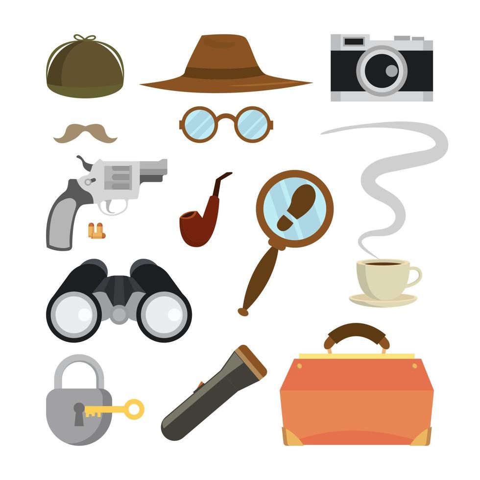 Detective Items Set Vector. Tec Agent Accessories. Hat, Glasses, Mustache, Tobacco, Camera, Magnifying Glass, Lock, Key, Flashlight, Binoculars, Bag, Gun, Bullets. Isolated Flat Cartoon Illustration vector