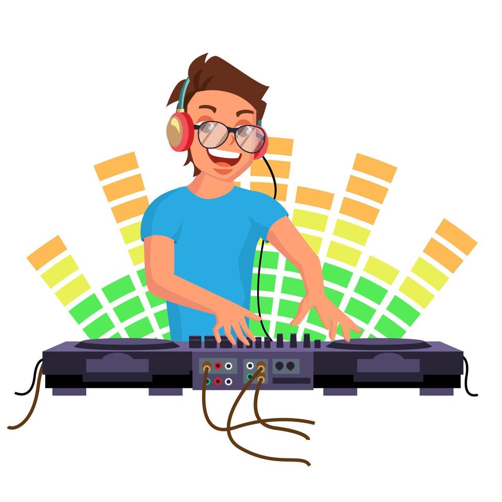 Professional Dj Vector. Playing Disco House Music. Mixing Music On Turntables. Party Dance Concept. Isolated On White Cartoon Character Illustration vector