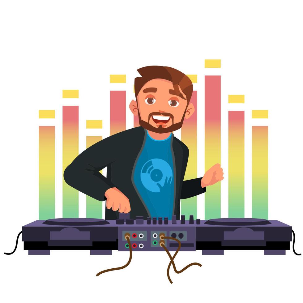 Dj Vector. Playing Disco House Music. Stylish Man. Headphones. Concert Concept. Isolated Flat Cartoon Character Illustration vector