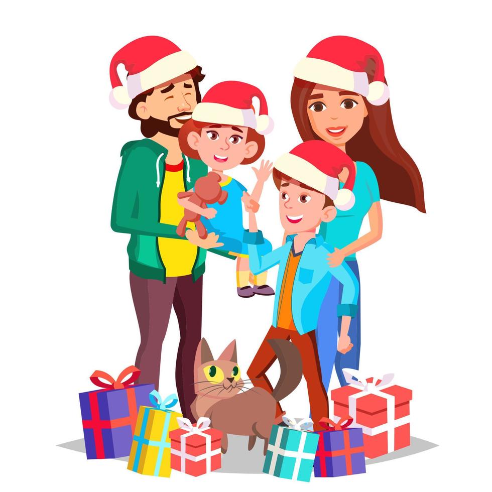 Christmas Family Vector. Mom, Dad, Children Together. In Santa Hats. Full Family. Celebrating. Decoration Element. Isolated Cartoon Illustration vector