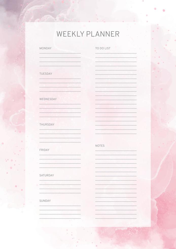 elegante diseño de planificador semanal con fondo de acuarela rosa pastel vector