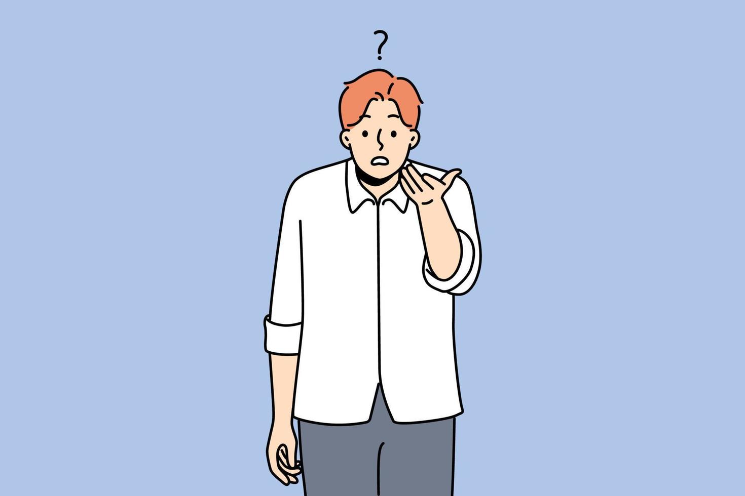 Confused young man look at camera feel frustrated and dissatisfied. Unhappy guy disappointed with information or offer. Vector illustration.