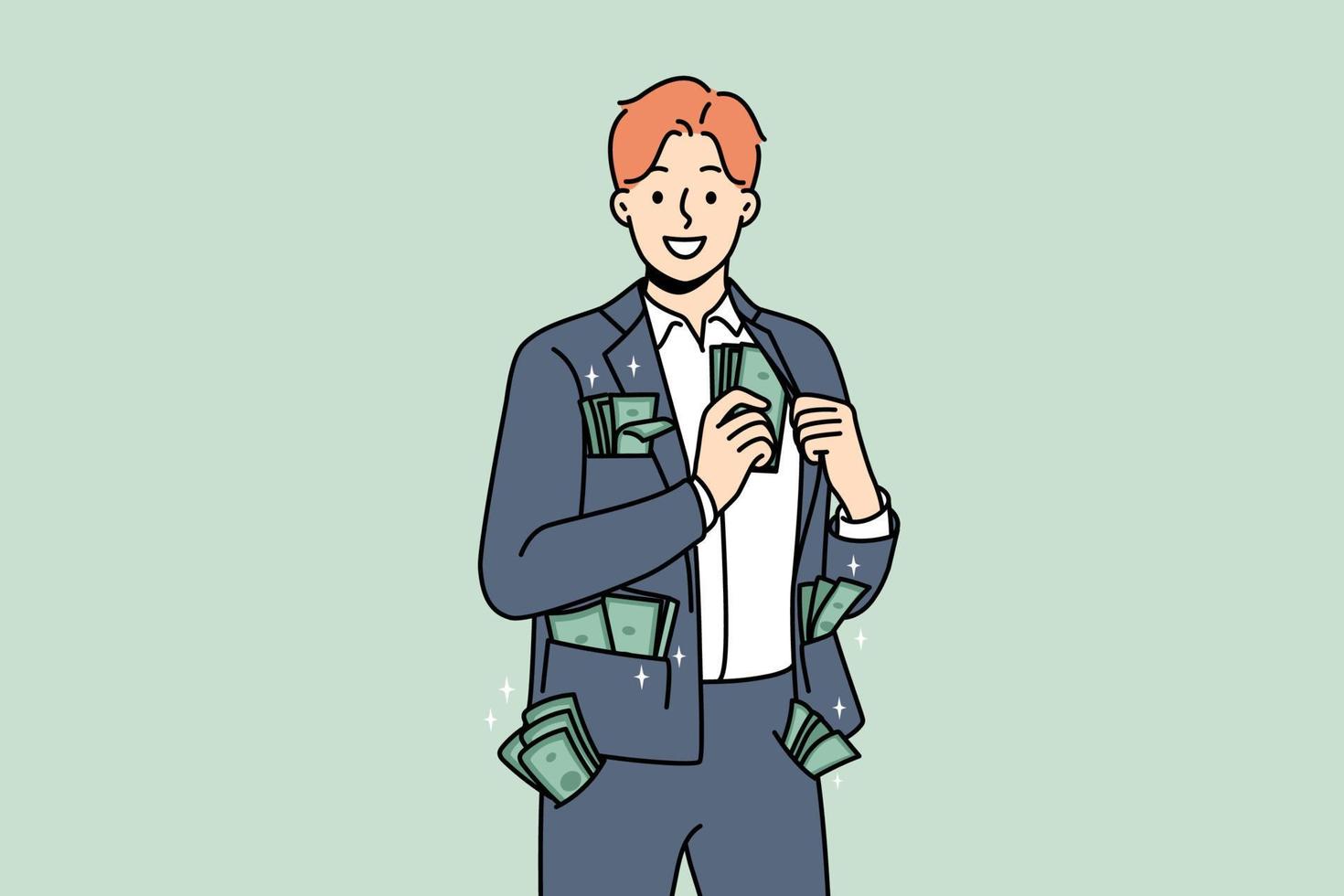 hombre de negocios rico con dinero en todos los bolsillos muestra éxito. un empleado sonriente con billetes en traje se siente exitoso y rico. ilustración vectorial vector