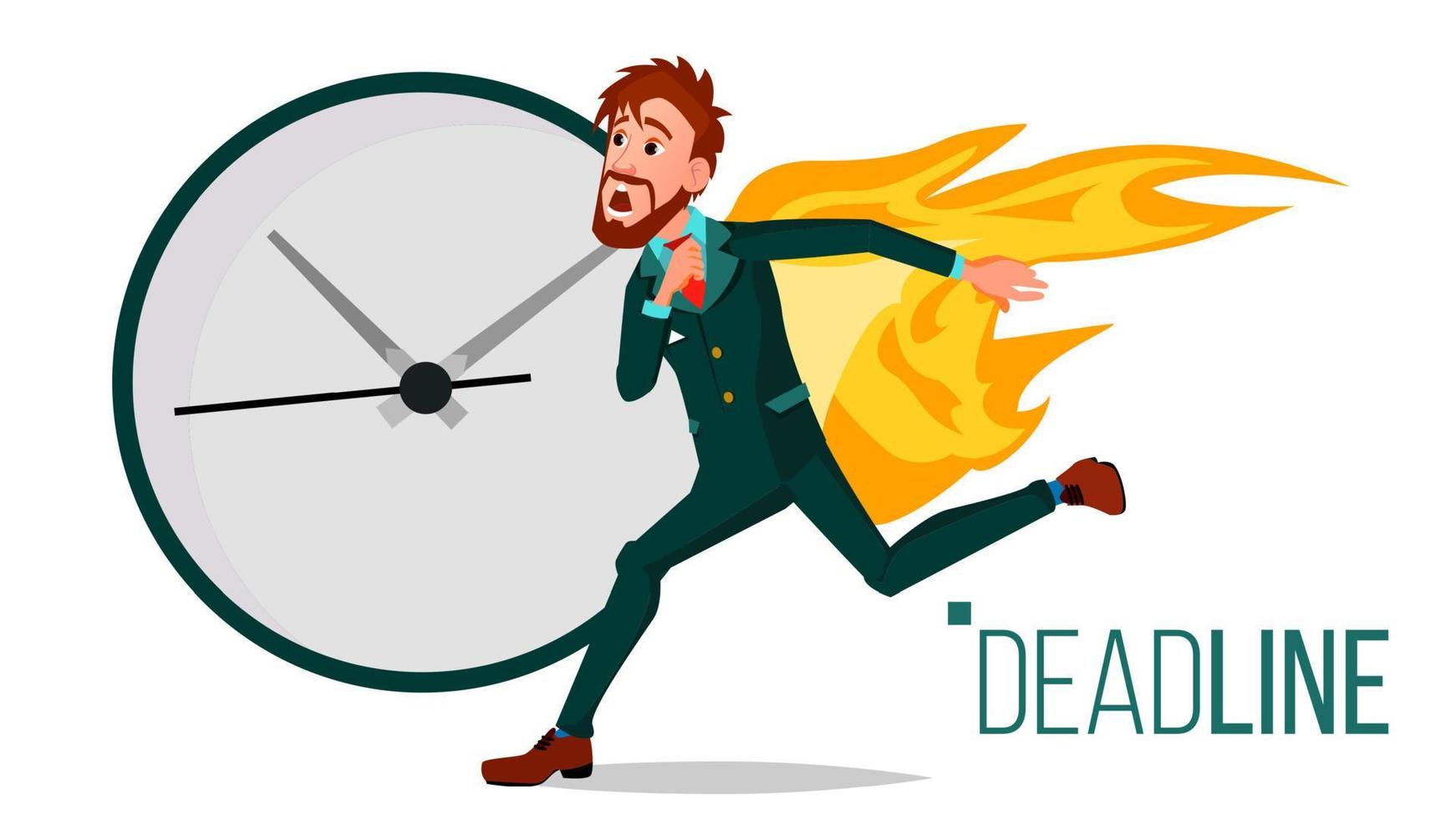 Deadline Concept Vector. Businessman On Fire. Project Managers Work Related Stress. Tasks Time Limits Problem. Burnout. Isolated Cartoon Illustration vector