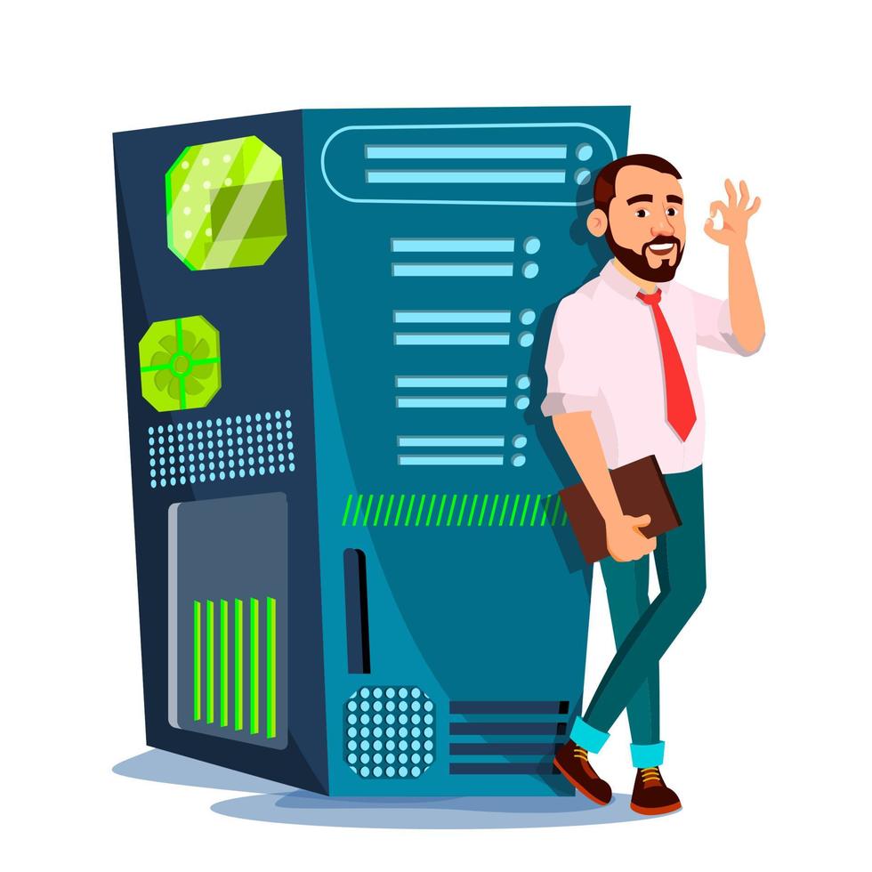 Data Center Vector. Hosting Server And Man. Storage Cloud. Network And Database. Isolated Flat Cartoon Illustration vector