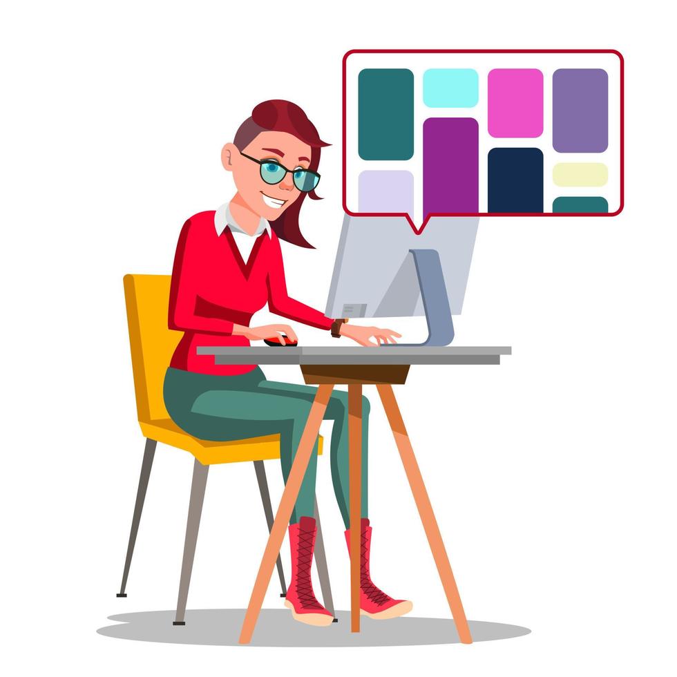 Graphic Designer Working Vector. Woman Searching For References On Popular Creative Web Site. Freelance Concept. Isolated Illustration vector