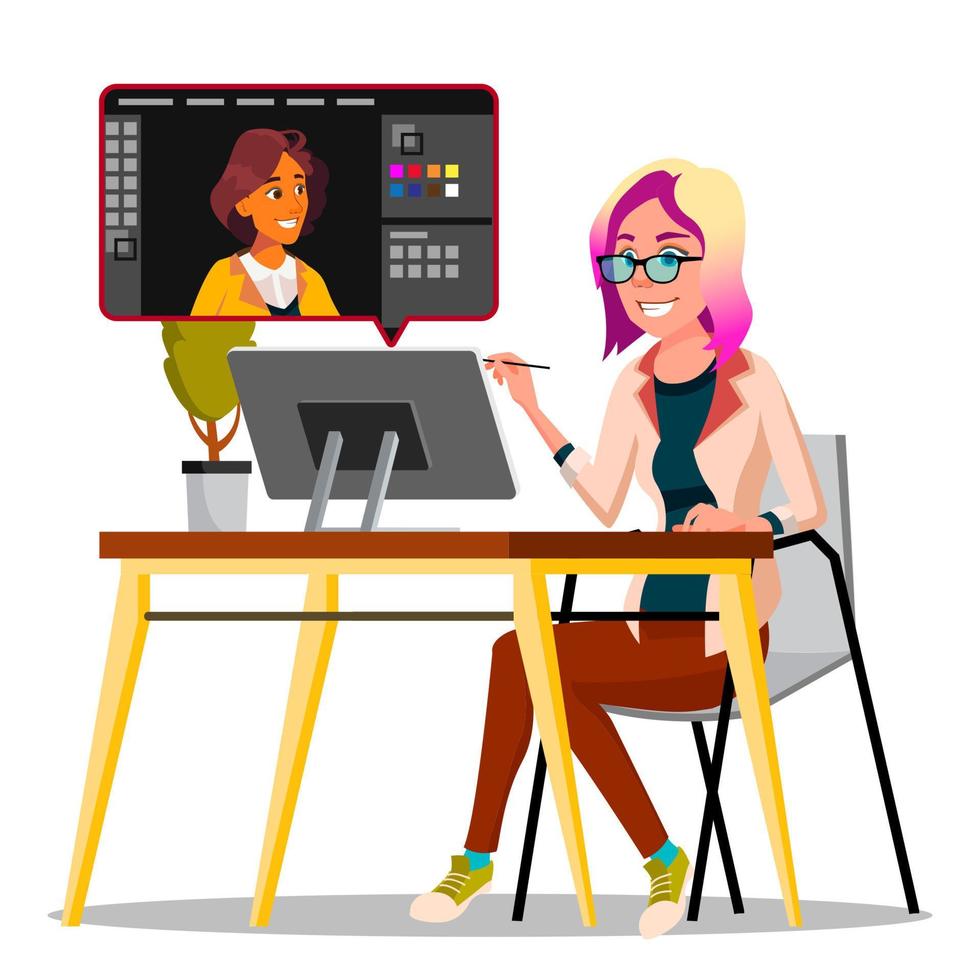 Photographer Retouching Photo Vector. Woman Working With Graphic Software. Freelance Concept. Isolated Illustration vector