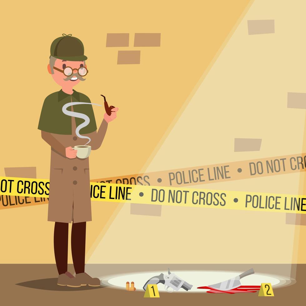 Crime Scene Vector. Detective At Crime Scene. Flat Cartoon Illustration vector