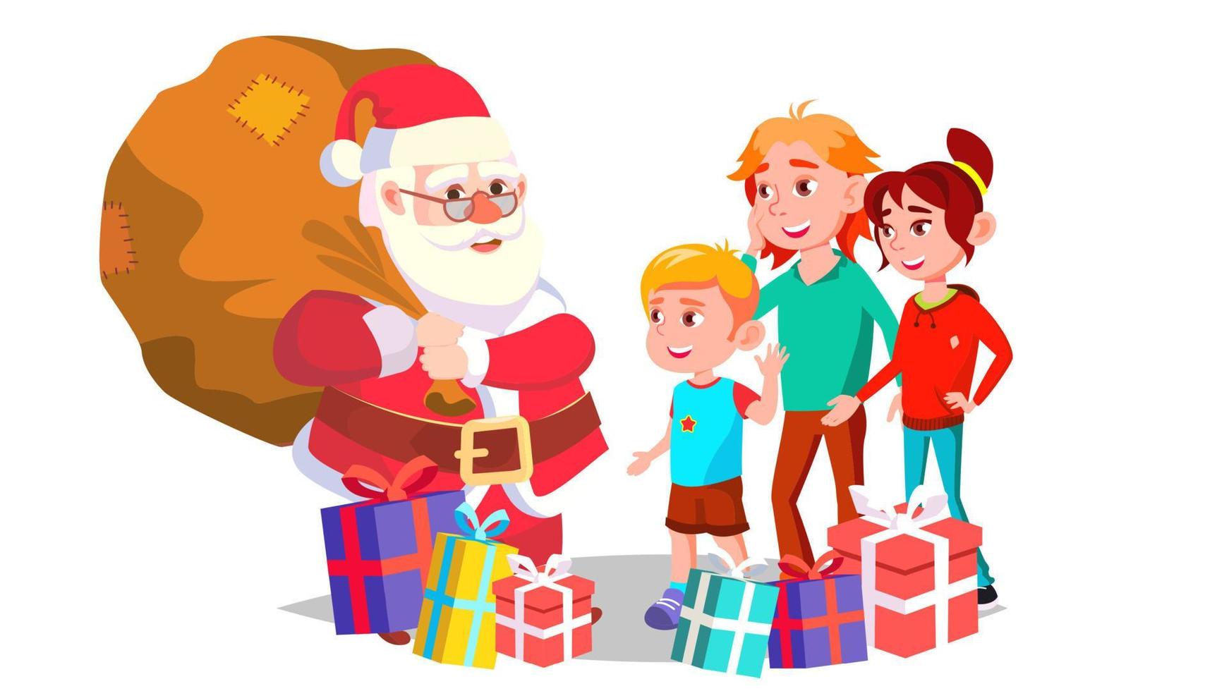 Santa Claus With Children Vector. Cheerful Kids. Winter Holidays. Happy. New Year Gifts. Banner, Flyer, Brochure Design. Isolated Cartoon Illustration vector