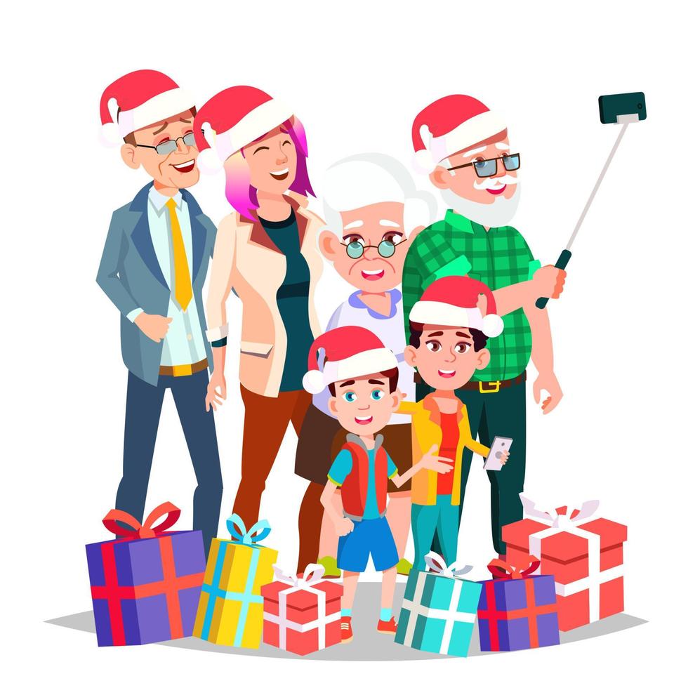 vector de retrato familiar de navidad. gran familia feliz. evento tradicional. sombreros de papá noel regalos de año nuevo. padres, abuelos, hijos. saludo, postal, diseño colorido. ilustración de dibujos animados aislados