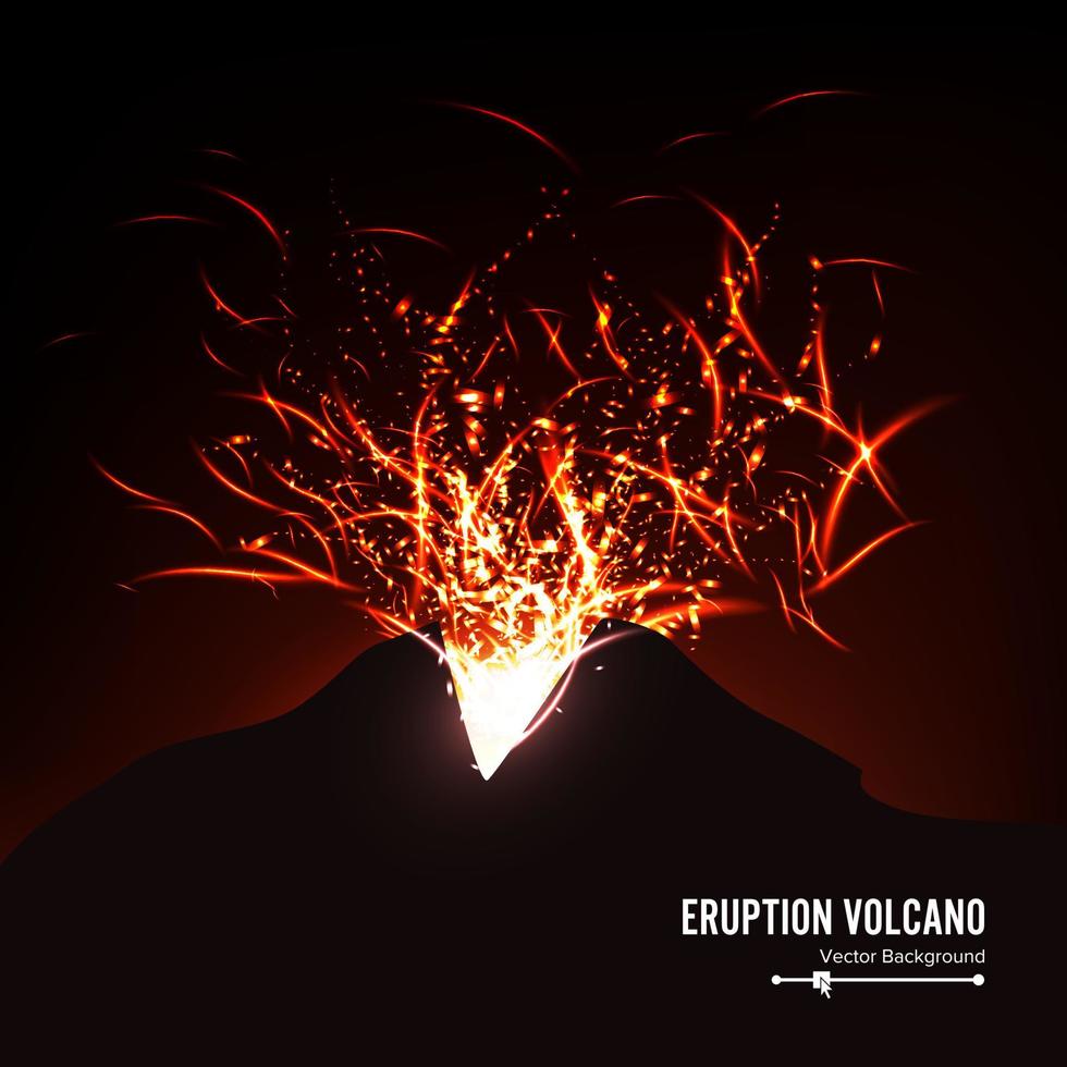 Eruption Volcano Vector. Thunderstorm Sparks. Big And Heavy Explosion From The Mountain. Spewing Glowing Red Hot Lava. vector