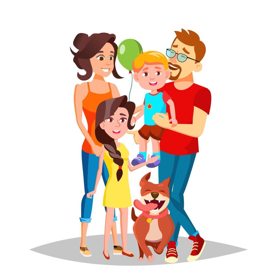 Family Portrait Vector. Dad, Mother, Kids. In Santa Hats. Cheerful. Greeting, Postcard, Colorful Design. Isolated Cartoon Illustration vector