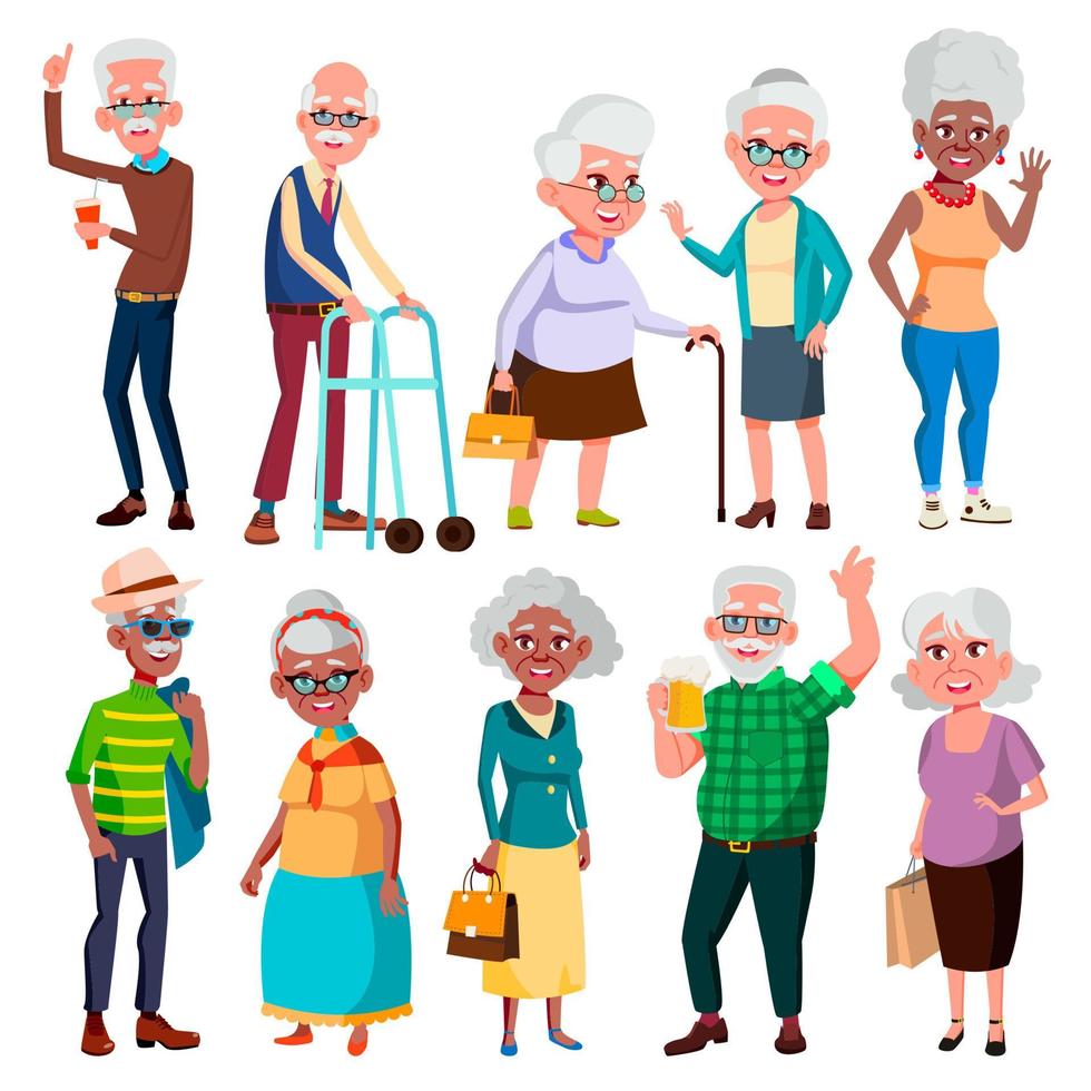Elderly People Vector. Grandfather And Grandmother. Face Emotions. Happy People. Poses. Black, Afro American, European. Isolated Flat Cartoon Illustration vector