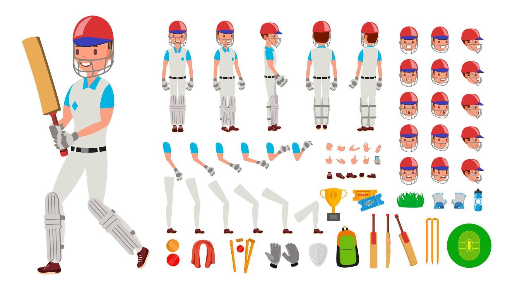 vector masculino de jugador de críquet. jugador de cricket deportivo hombre. conjunto de creación de personajes animados de jugador de críquet. longitud completa, vista frontal, lateral, trasera, accesorios, poses, emociones, gestos. ilustración plana aislada