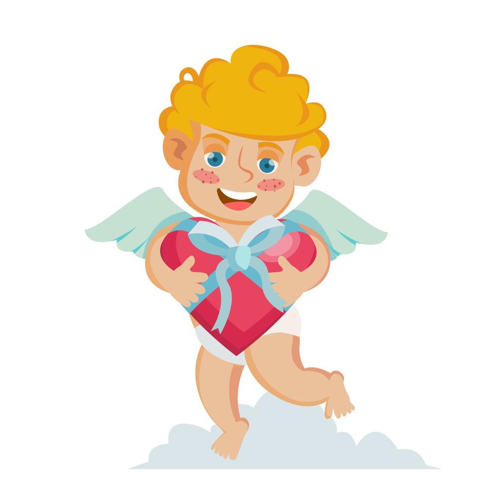 Cupid Vector. Happy Valentine s Day. Holding A Box Present In Form Of Heart. Isolated On White Cartoon Character Illustration vector