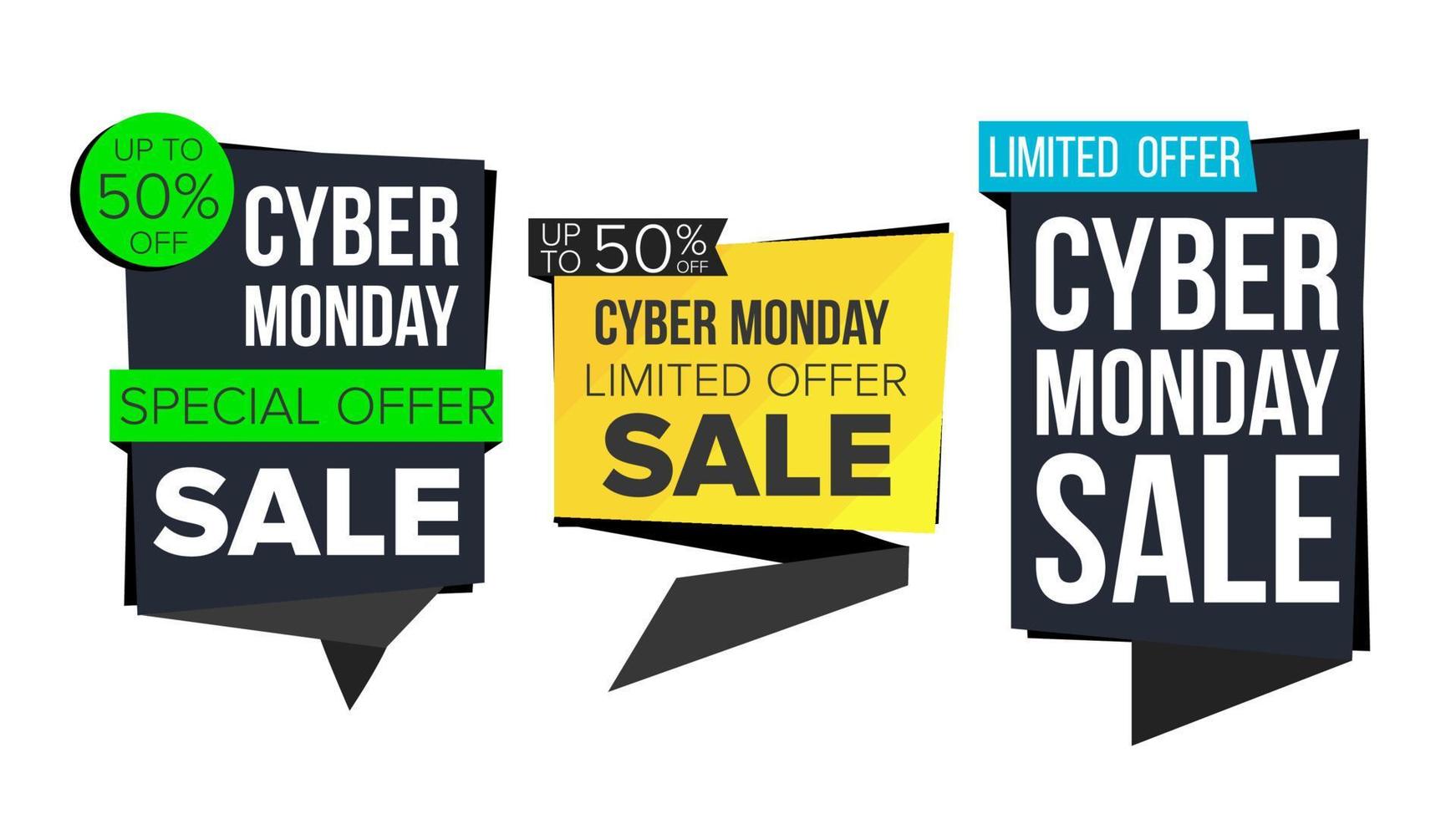 Cyber Monday Sale Banner Collection Vector. Online Shopping. Website Stickers, Cyber Web Page Design. Monday Advertising Element. Shopping Backgrounds. Isolated Illustration vector