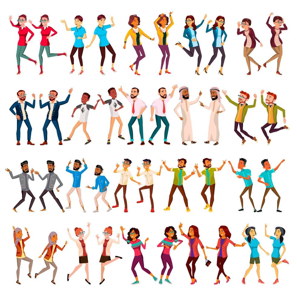 Dancing People Set Vector. Celebrating Dances. Dancing People Moves. Holiday Vacation Party. People Listening To Music. Happy Dancer Poses. Isolated Flat Cartoon Illustration vector