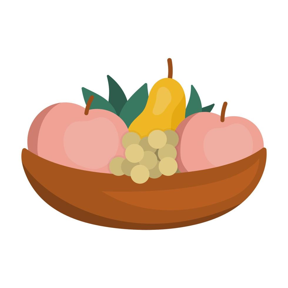 Vector cute wooden bowl with apples, pears, leaves. Autumn garden clipart. Funny flat style fruit plate illustration isolated on white background. Farm harvest icon