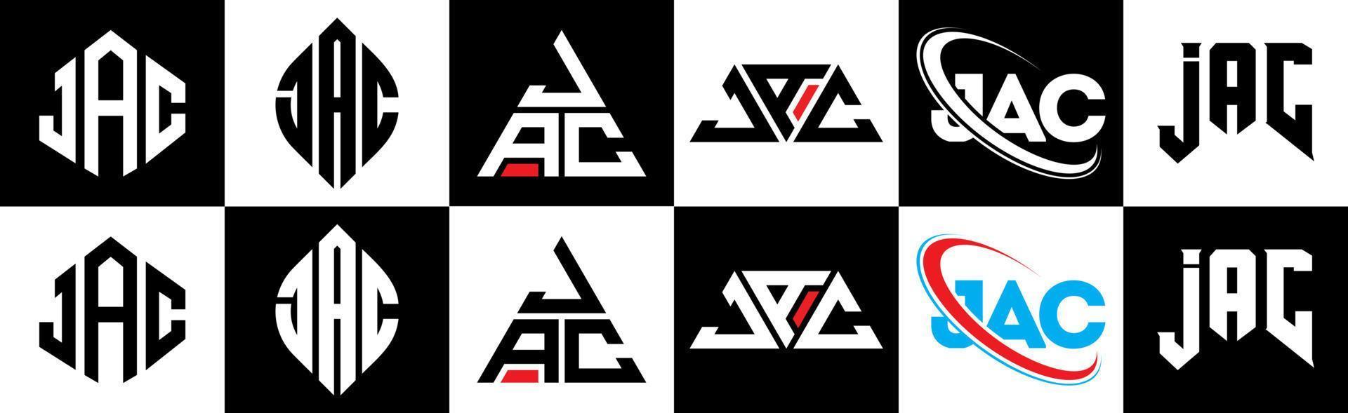 JAC letter logo design in six style. JAC polygon, circle, triangle, hexagon, flat and simple style with black and white color variation letter logo set in one artboard. JAC minimalist and classic logo vector