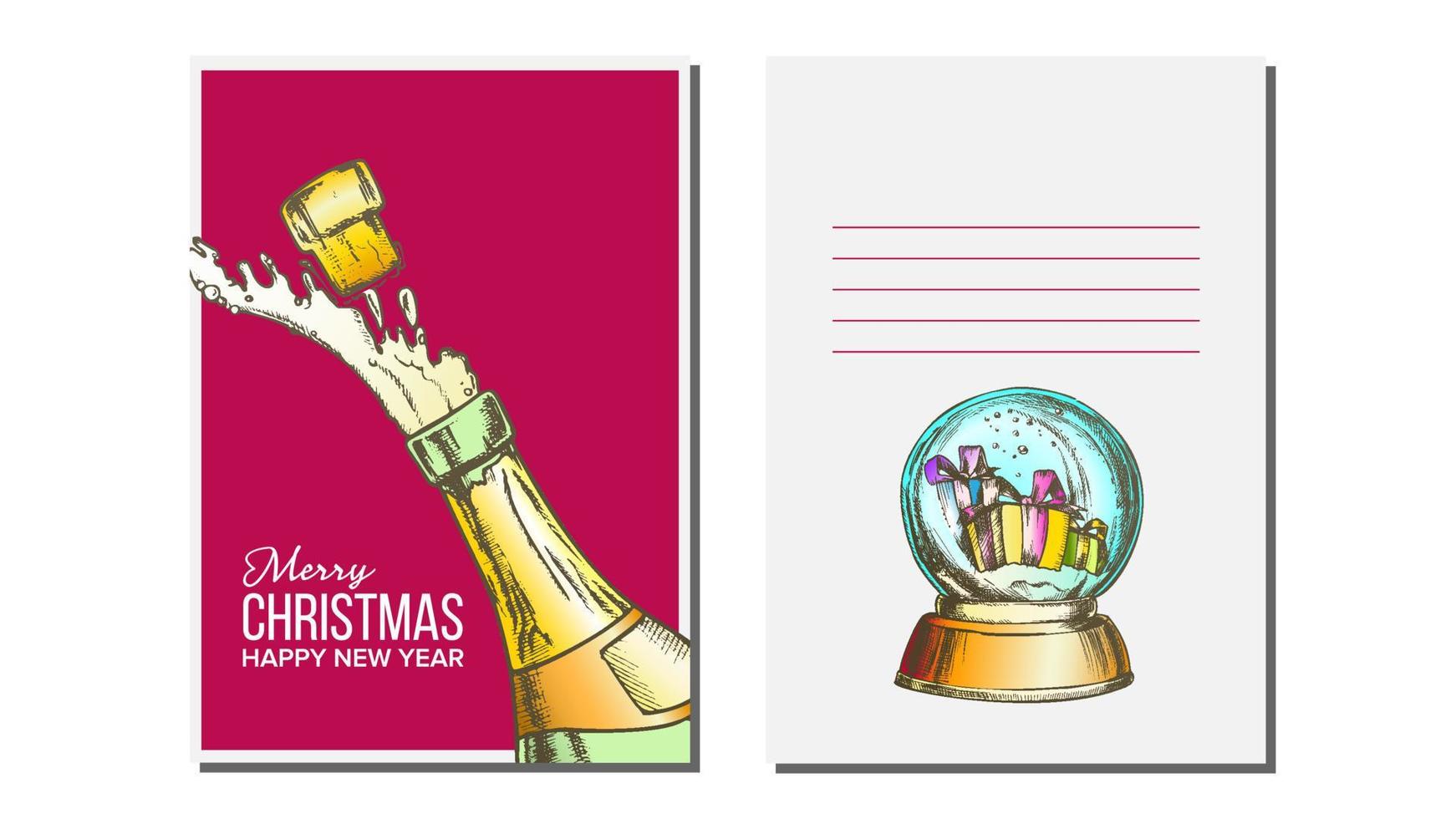Christmas Greeting Card Vector. Champagne Bottle. Seasons. Winter Wishes. Holiday Concept. Hand Drawn Illustration vector