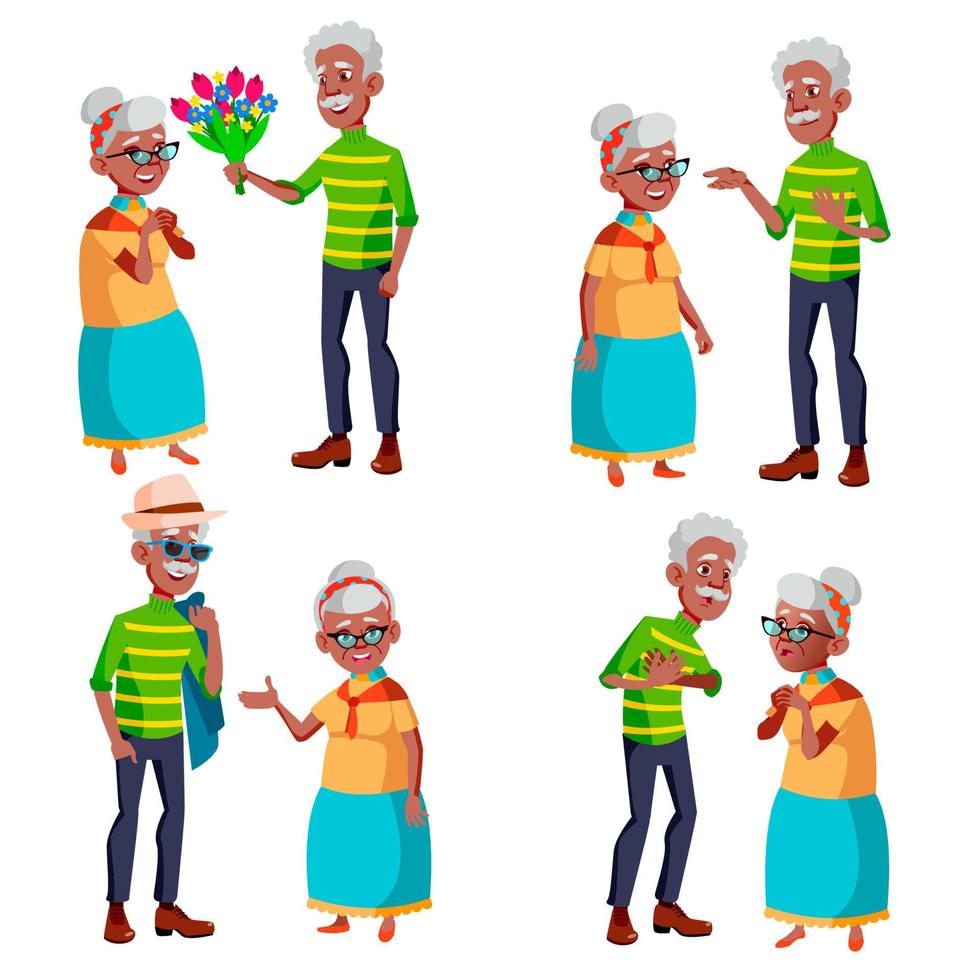 Elderly Couple Set Vector. Grandfather And Grandmother. Elderly Family. Grey-haired Characters. Black, Afro American. Face Emotions. Happy People Together. Isolated Flat Cartoon Illustration vector