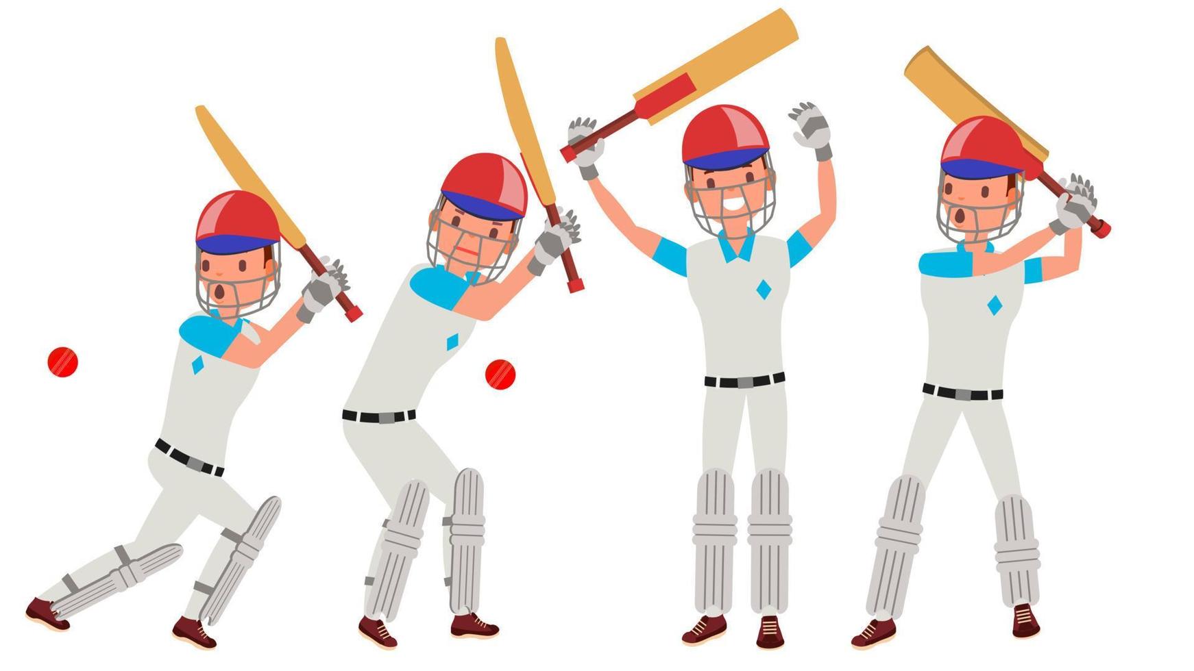 Cricket Player Vector. In Action. Cricket Team Character. Poses. Flat Cartoon Illustration vector