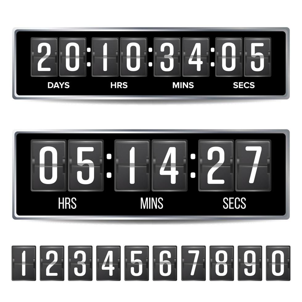 Flip Countdown Timer Vector. Analog Black Digital Scoreboard Template. With Days, Hours, Minutes, Seconds. Isolated Illustration vector