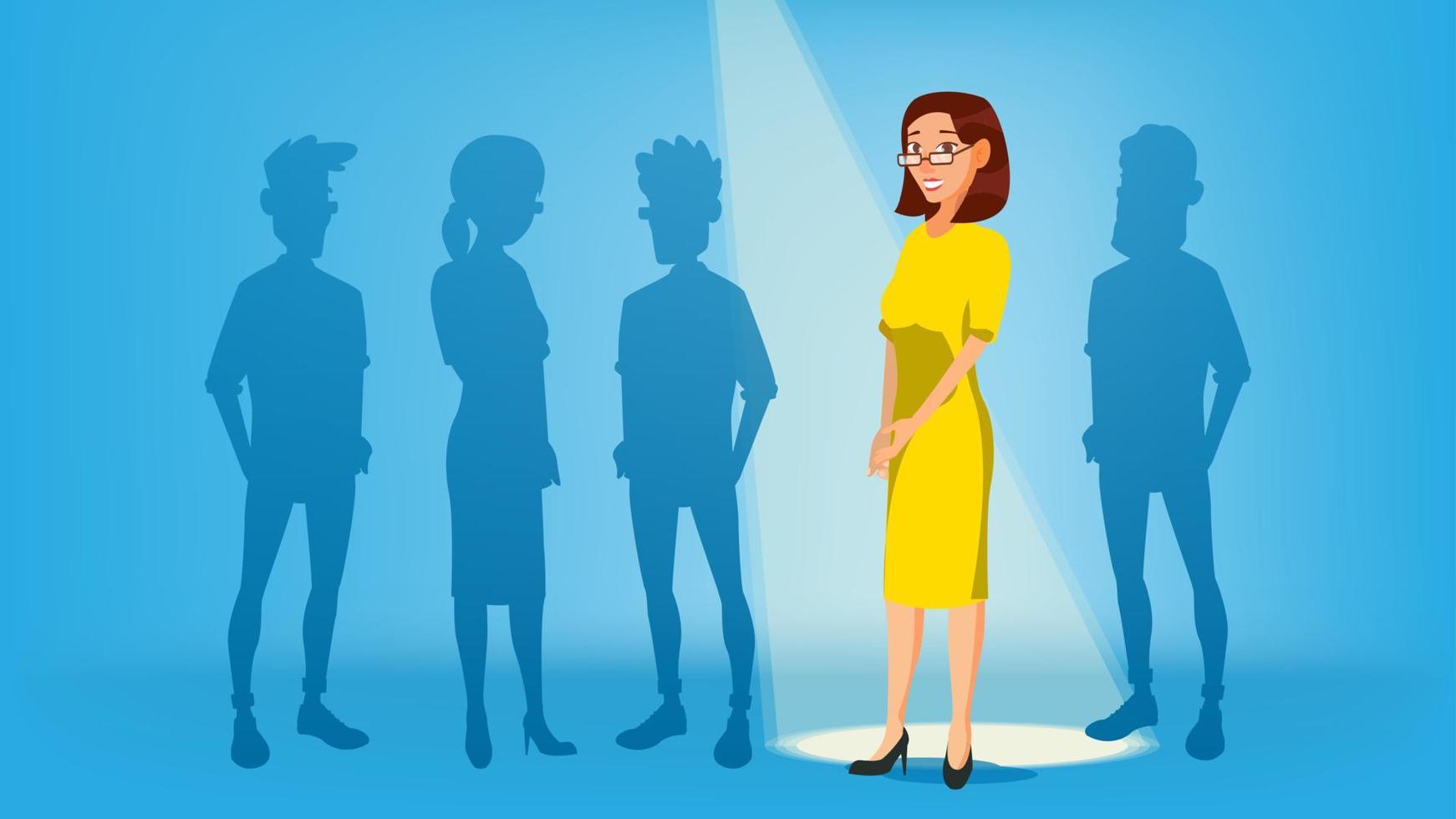 Woman Stand Out From The Crowd Vector. Job And Staff, Human And Recruitment. Business Success. Good Idea, Independence, Leadership. Flat Illustration vector