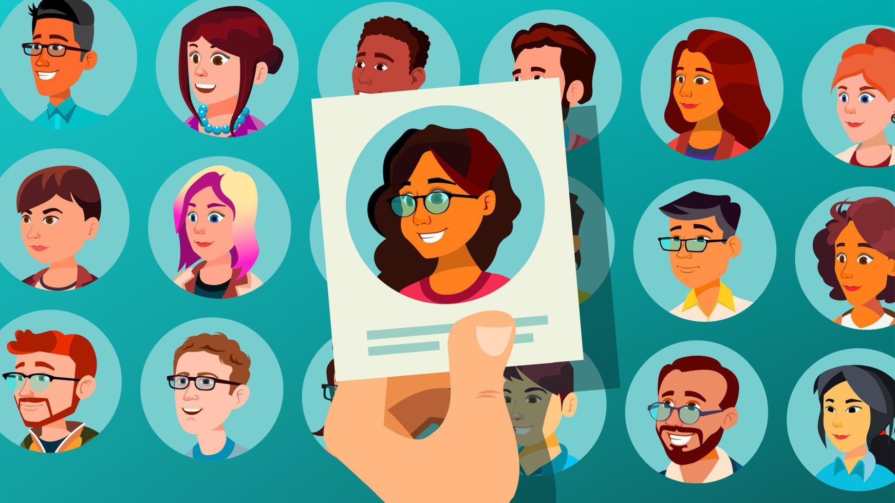 Human Recruitment Vector. Woman. Human Recruitment. Selected Group Of People. Pick From The Crowd. Cartoon Illustration vector