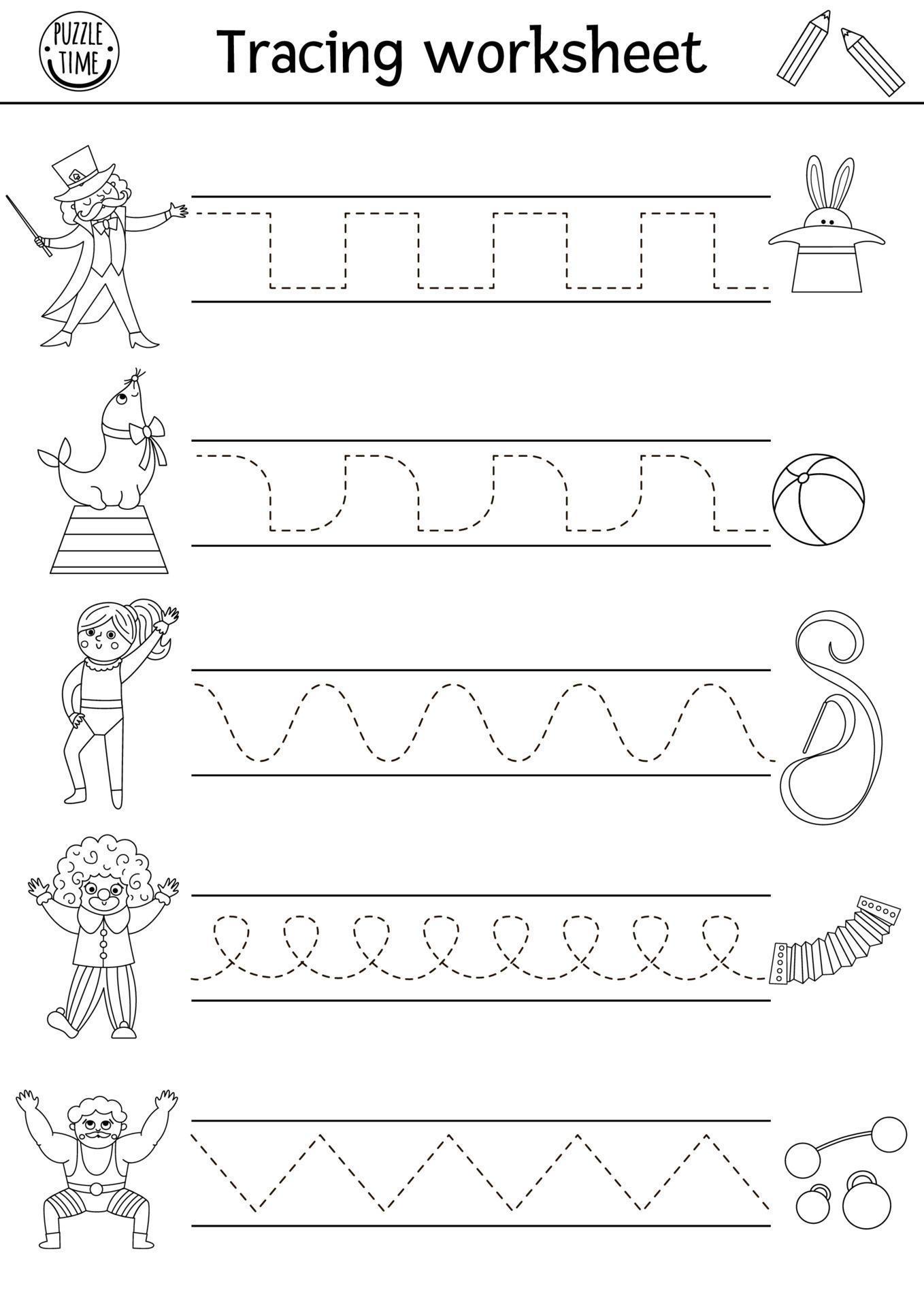 Vector circus handwriting practice worksheet. Amusement show printable