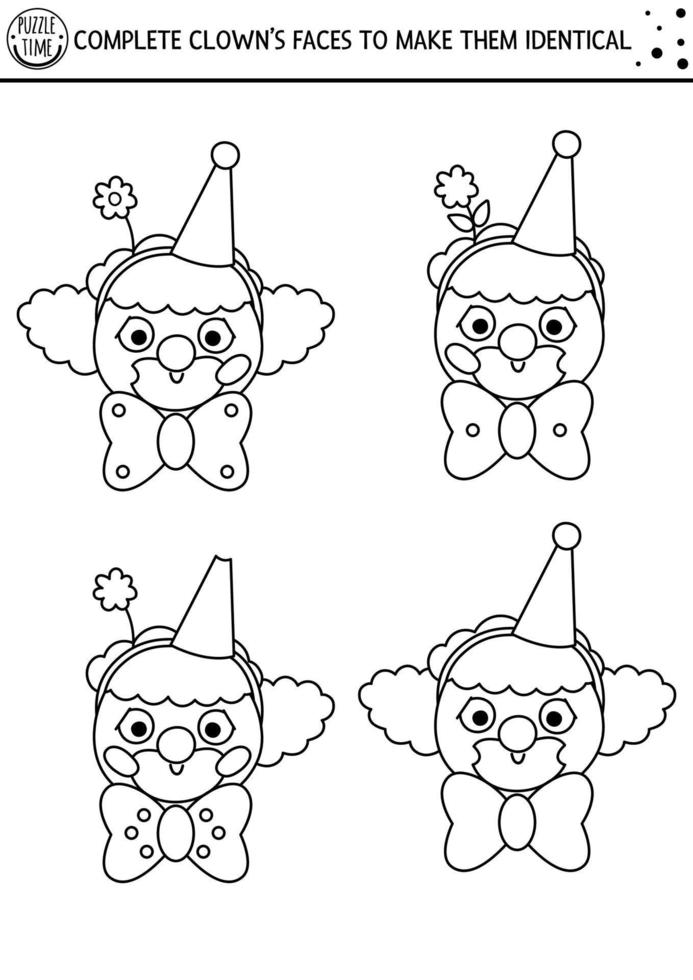 Black and white find differences, logical and drawing game for kids. Circus educational activity with funny clown face. Complete picture printable worksheet. Cute puzzle or coloring page vector