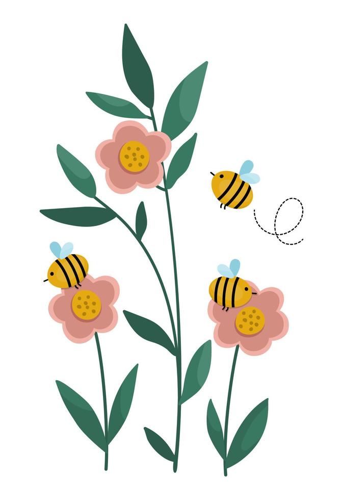 Vector flowers with bees. Funny illustration with bumblebees pollinating plants. Honey insects with greenery icon.