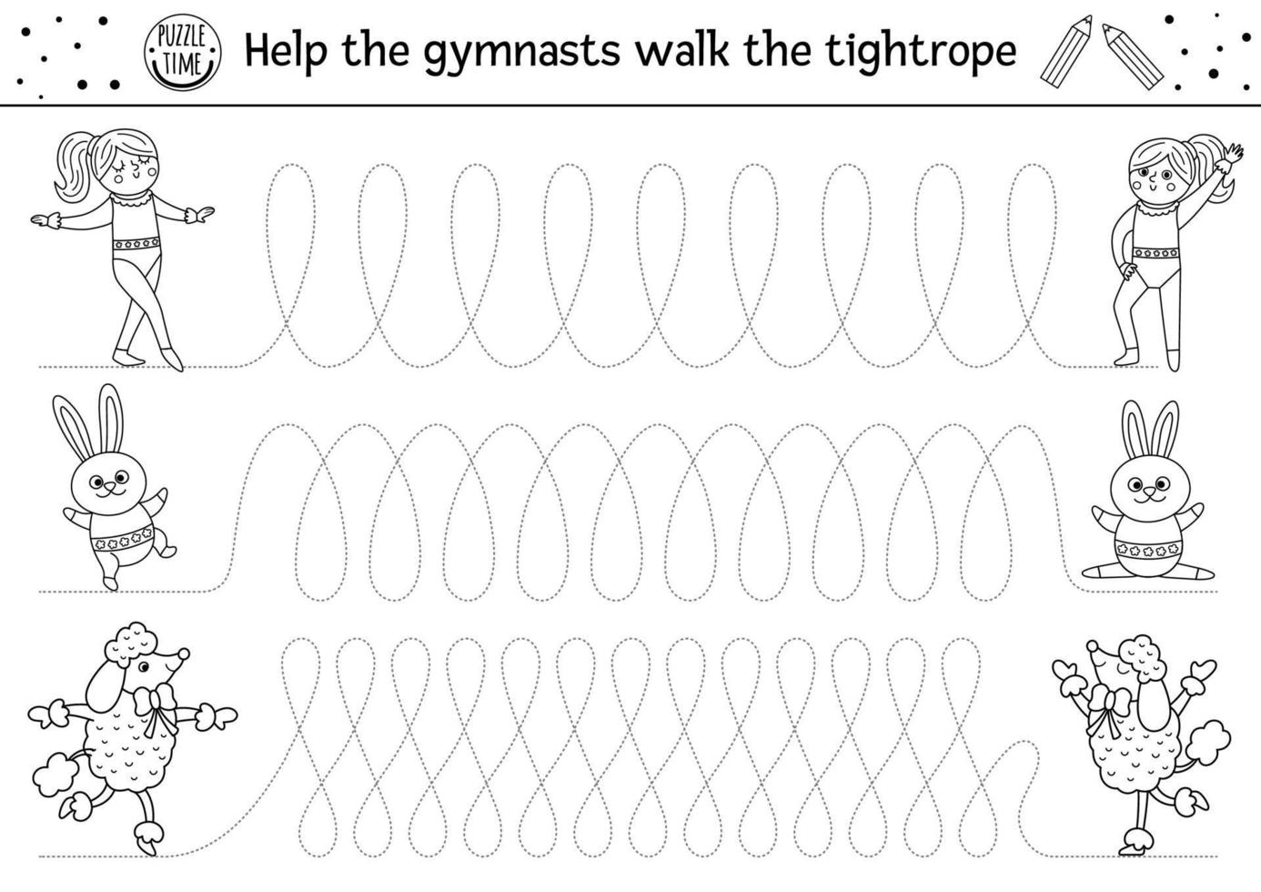 Vector circus handwriting practice worksheet. Amusement show printable black and white activity for preschool children. Tracing game for writing skills. Help the gymnasts walk the tightrope