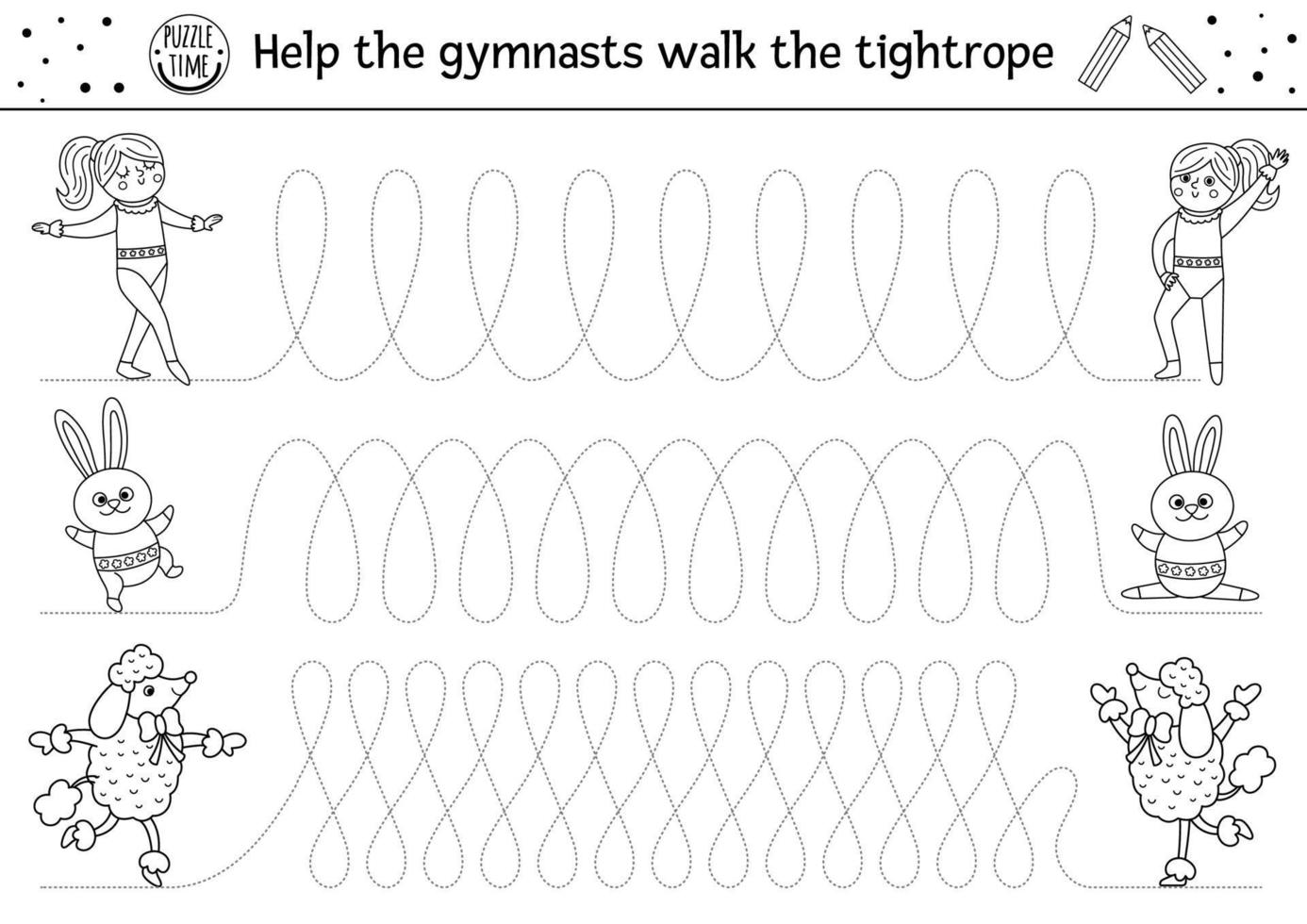 hoja de trabajo de práctica de escritura a mano de circo vectorial. espectáculo de diversión actividad imprimible en blanco y negro para niños en edad preescolar. juego de rastreo para las habilidades de escritura. ayudar a las gimnastas a caminar por la cuerda floja vector