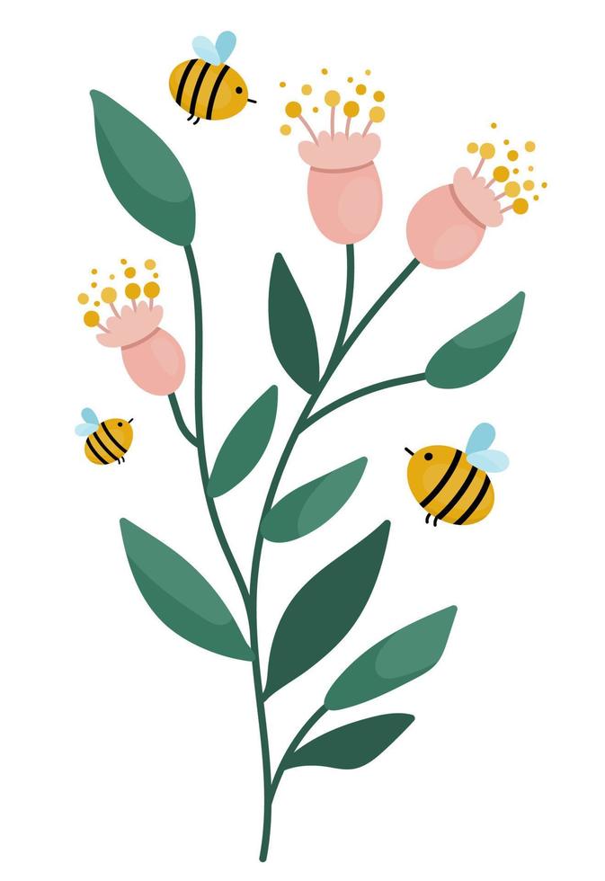 Vector flowers with bees. Funny illustration with bumblebees pollinating plants. Honey insects with greenery and pollen icon.